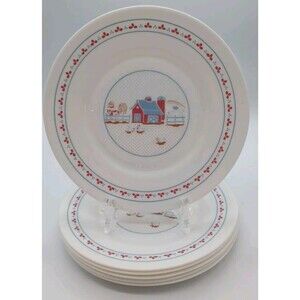 6 arcopal france Salad Lunch plates Farm House Scene Cow Sheep Chicken Silo